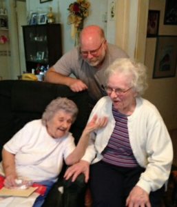 Sisters Clara Clontz and Nellie Adams and me during a visit at Aunt Clara's house